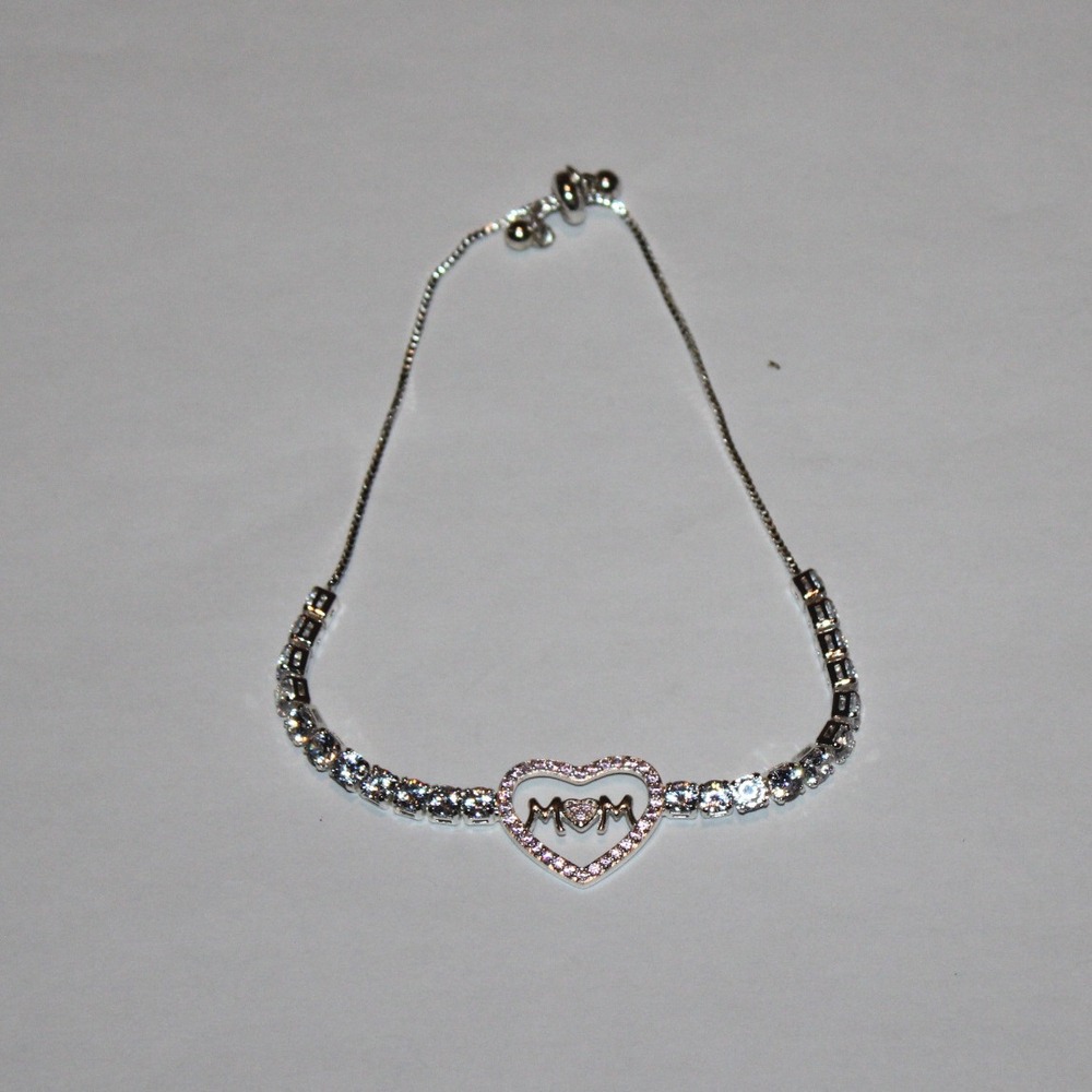 MOM Heart bolo style bracelet silverplated cubic zirconia CZ adjustable‎